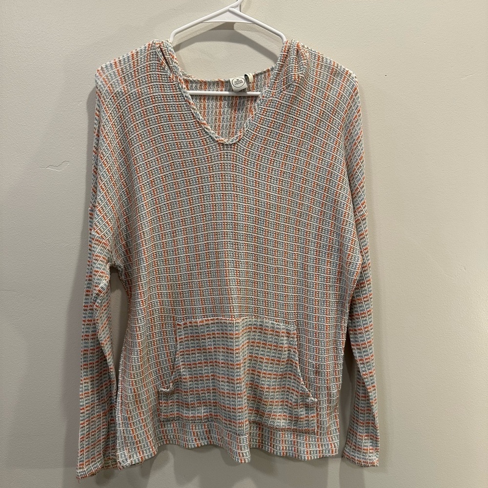 Paper crane Hooded Knit Long Sleeve Top in Gray, Blue, and Orange. Size L.